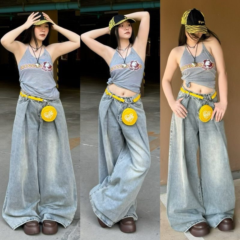 กางเกงยีนส์ Bombay jeans กระบอกใหญ่แต่งจีบ ช/ญ ใส่ได้ | RE01(สีจริงจะเข้มกว่าในรูปน้า)