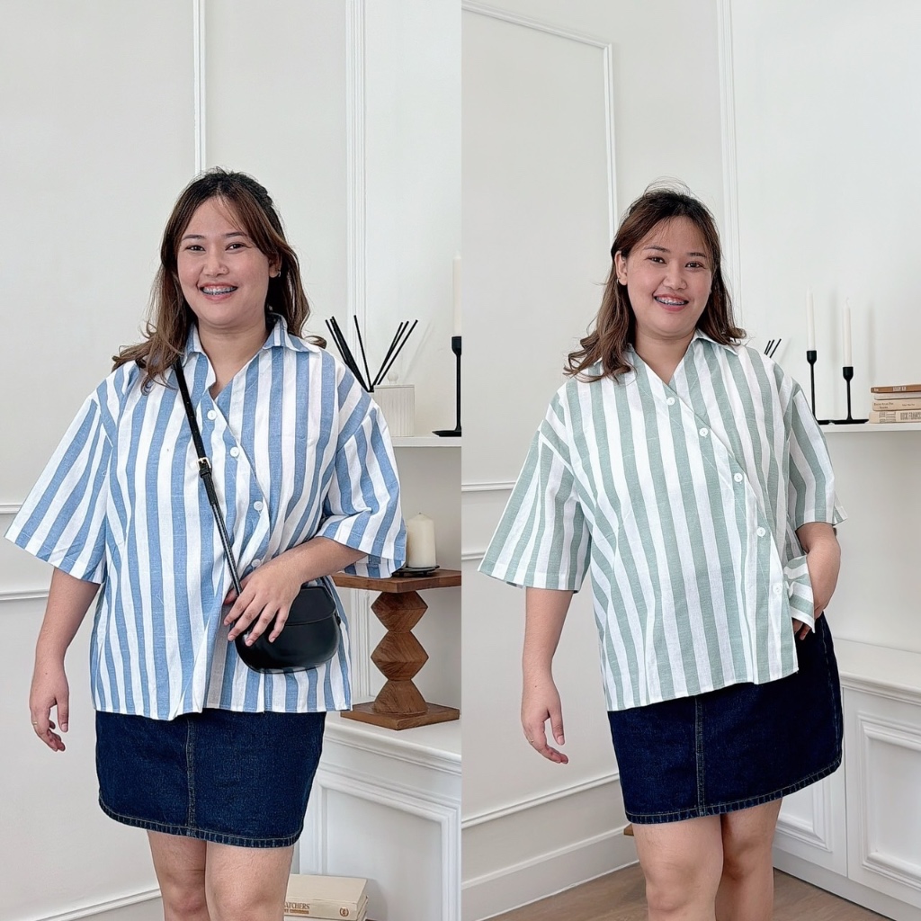 เสื้อเชิ้ตคอปก สาปเฉียง ผ้าฝ้ายริ้วใหญ่