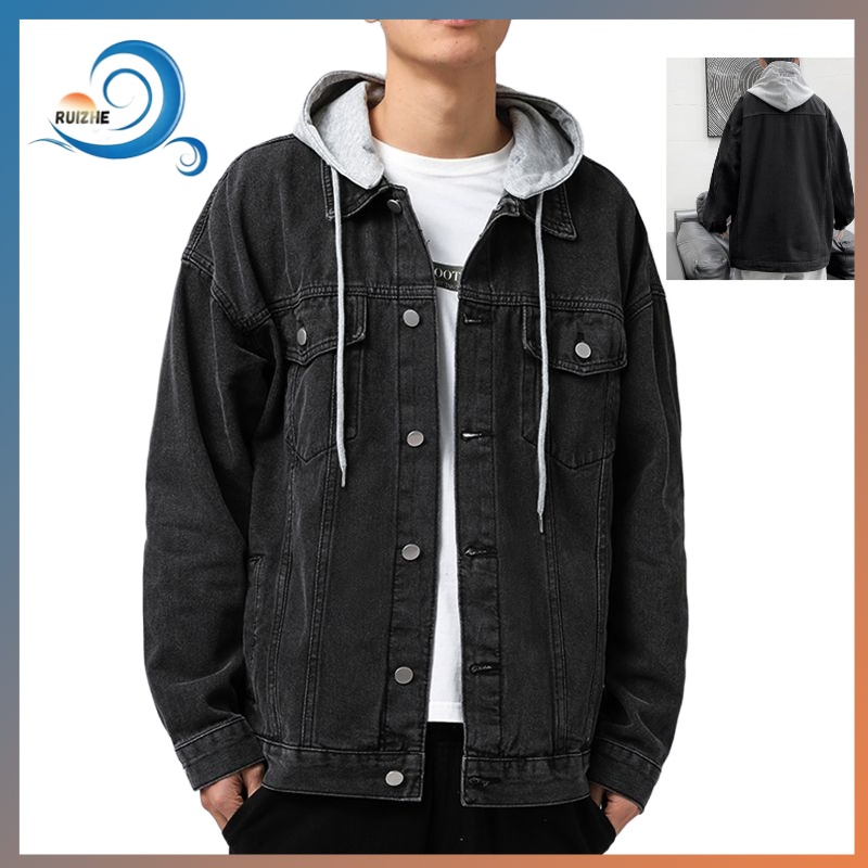 แจ็คเก็ตยีนส์ Ruffian หล่อผู้ชายฤดูใบไม้ผลิฤดูใบไม้ร่วง Street สวมใส่ Hooded หลวม All-Match แจ็คเก็ตอินเทรนด์เวอร์ชั่นเก