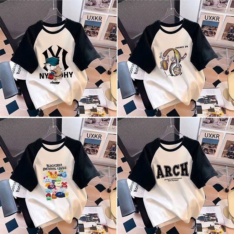 เสื้อยืดสวยๆผู้หญิงลายการ์ตูนน่ารักๆ oversize เสื้อผ้าสาวอวบไซซ์ใหญ่ แฟชั่น เสื้อโอเวอร์ไซส์เกาหลี ไหล่สโลป ทูโทน มาใหม่