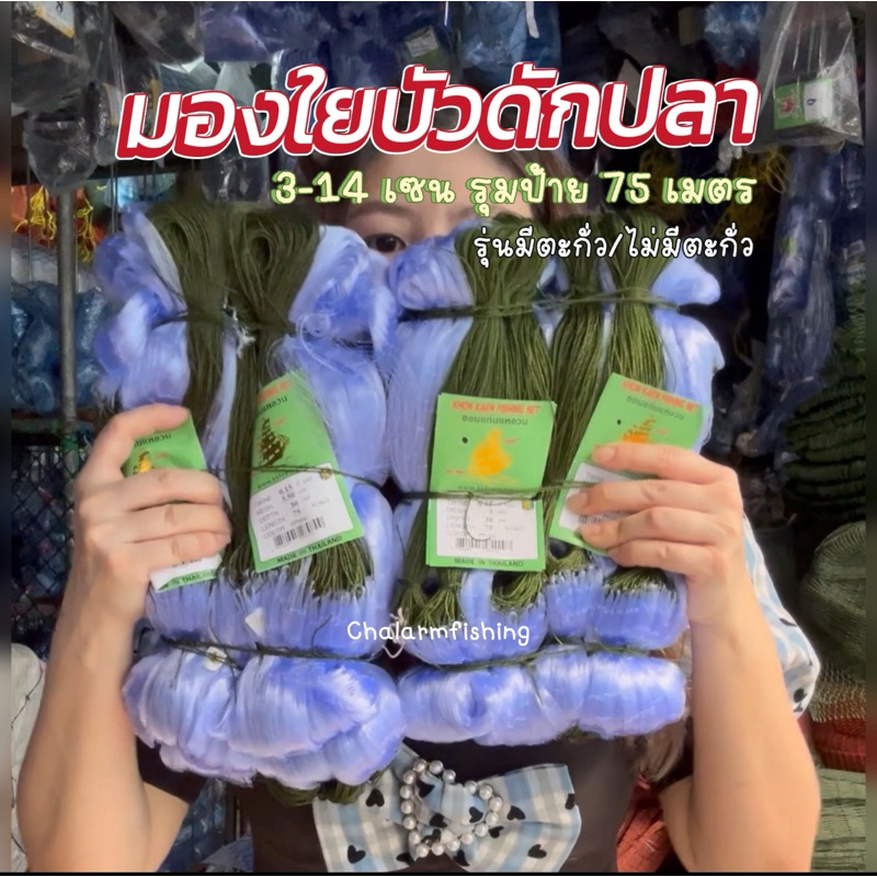 (Chalarmfishing) มองใยบัวดักปลา รุม*ป้าย75ม. ลึก20/30/50ตา มีขนาด 1.3เซน-12เซน แบบมีทุ่นตะกั่ว/แบบมีเชือกบนไม่มีตะกั่ว