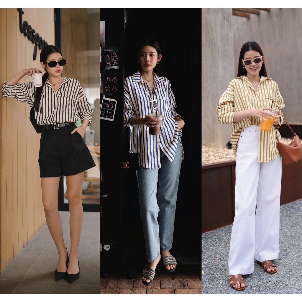 NUMBERSEVEN - T0123018 Striped Shirt - มี 3 สี : สีดำเฟด, สีน้ำเงิน , สีเหลืองครีม