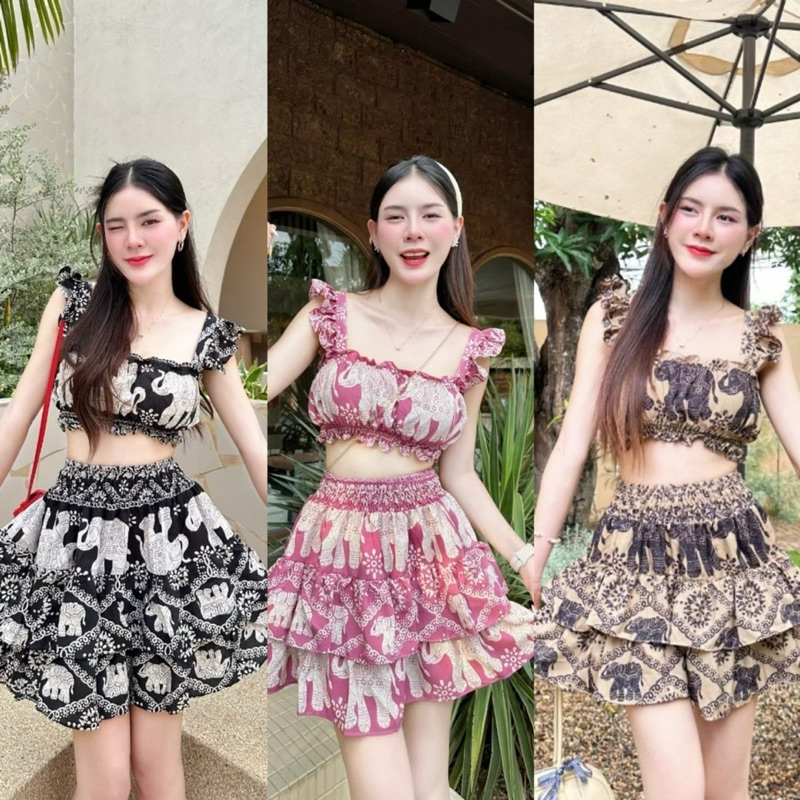 INTERชุดเซ็ตสายเดี่ยว+กระโปรงระบายสั้น (ลายช้าง)ชุดน่ารักมาก ผ้านิ่มใส่สบาย (inter1)
