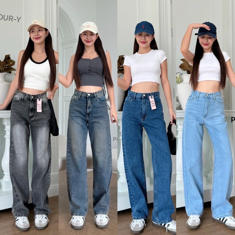 🔥กางเกงยีนส์ ทรงกระบอกกลาง ขายาว ผ้าไม่ยืดPJ