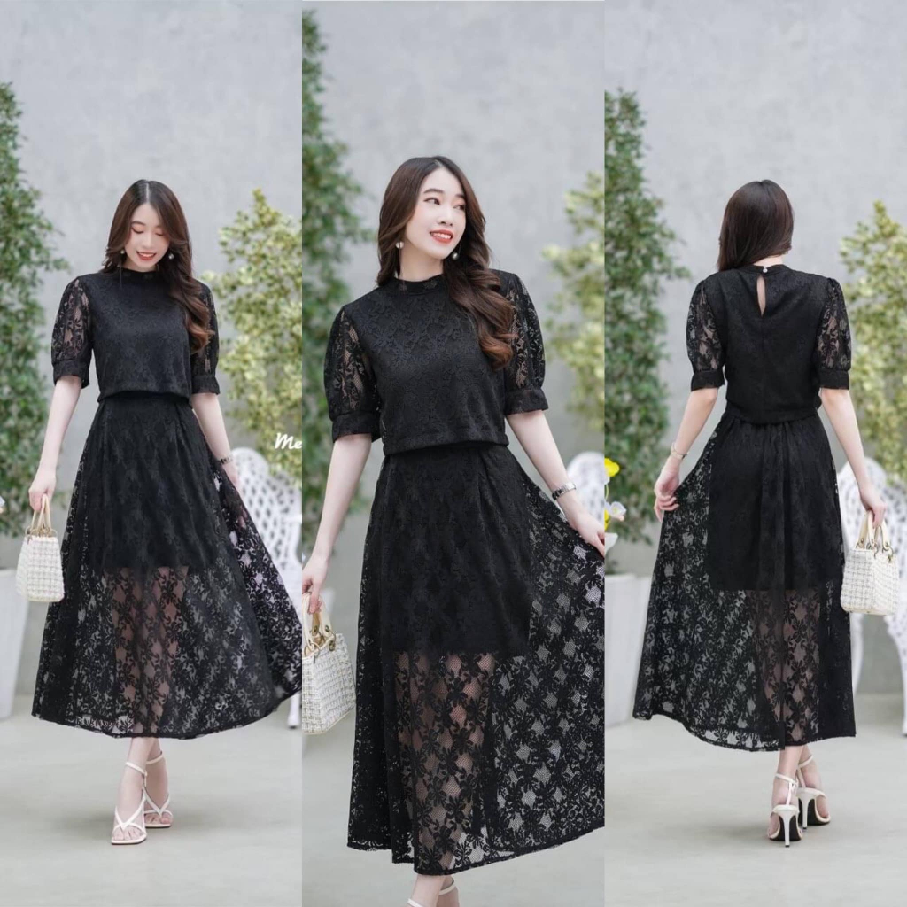 ชุดลูกไม้ ใส่งานบุญ งานบวช บวชนาค ใส่ไปงานเลี้ยง งานแต่ง ใส่เท ชุดเซตเสื้อครอป กระโปรงยาว  สีขาว ดำ ชมพู พร้อมส่ง