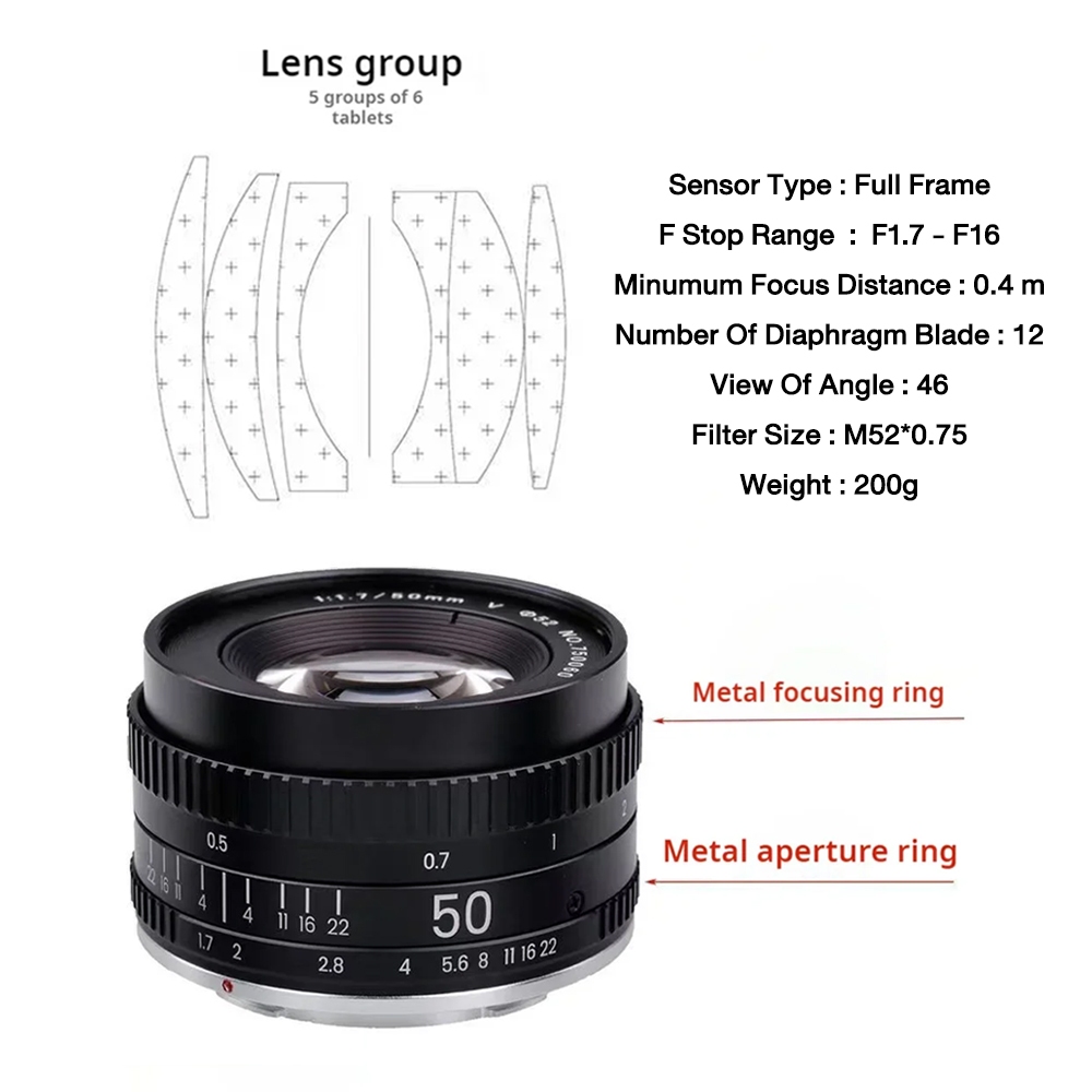 เลนส์ละลายหลัง 50mm 1.7 สำหรับกล้อง DSLR Canon EF / Nikon Fx เลนส์มือหมุน