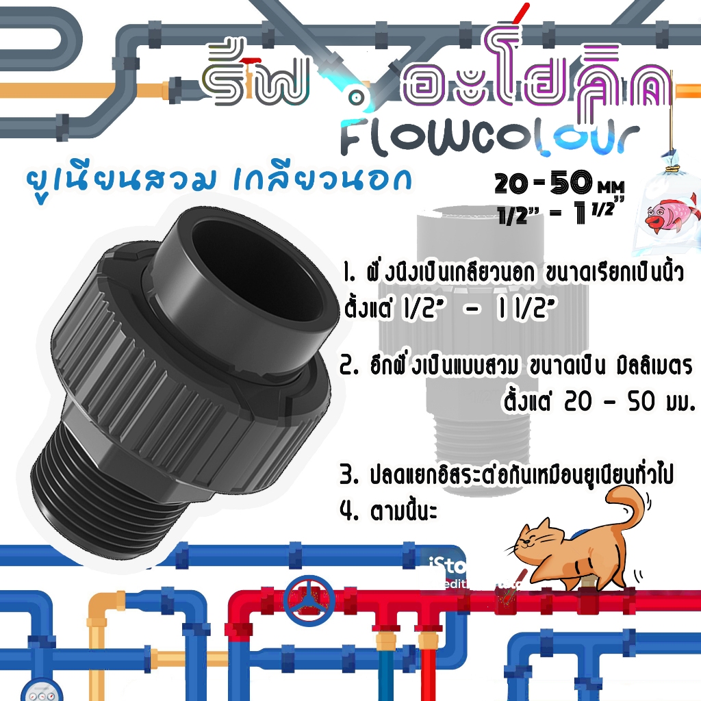 Flowcolour ยูเนียนเกลียวนอก / สวม  ปัญหาหน้าปั๊มจะคลี่คลาย เมื่อท่านได้รู้จัก Male / Socket Union