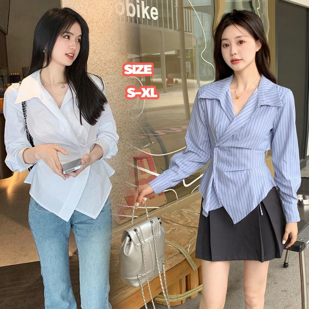 MIMI&DIDI#เสื้อเชิ้ตแขนยาวผู้หญิง เสื้อครอปแฟชั่น สีขาว คอวี ทรงเข้ารูป เอวสลิม ทรงผิดปกติ#W402