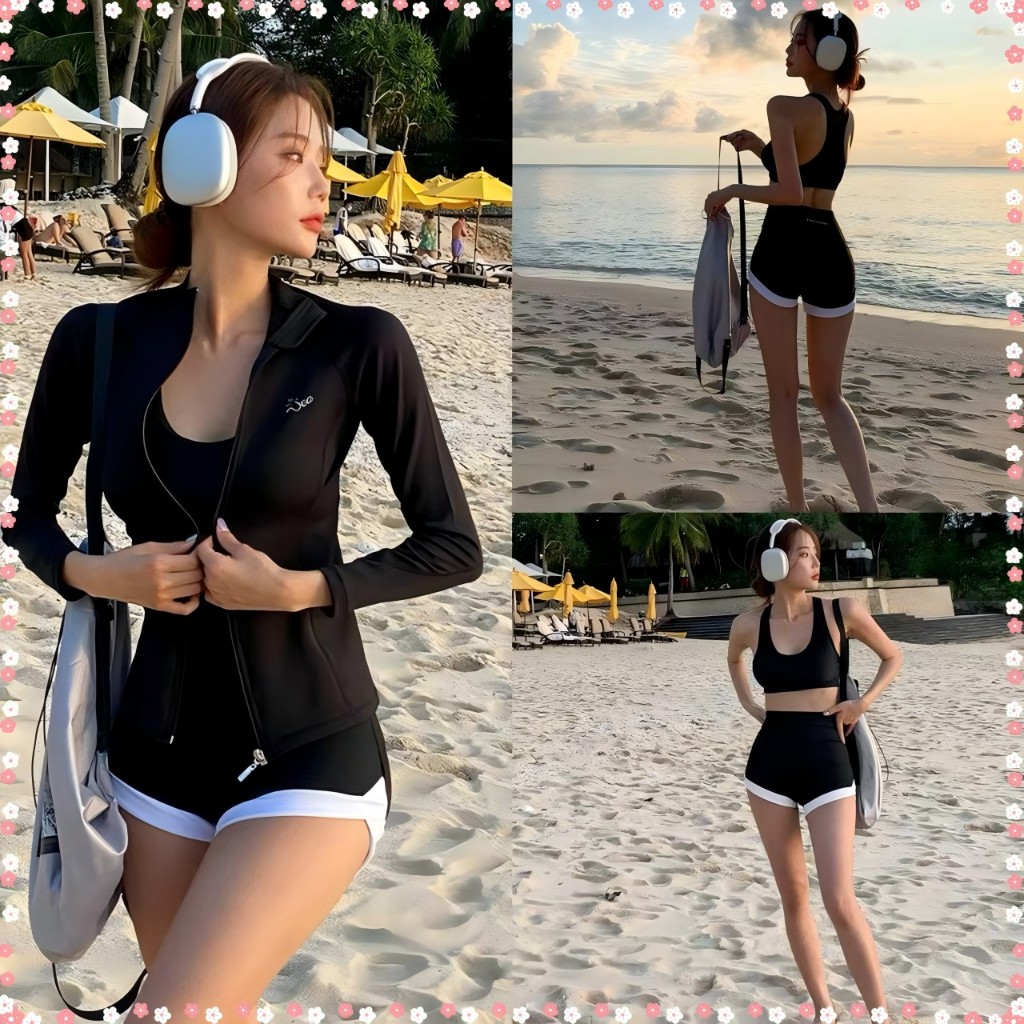 🌸Swift Bra🌸ชุดว่ายน้ำผู้หญิง เอวสูง แต่งซิป เหมาะกับเดินชายหาด สไตล์สปอร์ต สําหรับผู้หญิง สามชิ้น