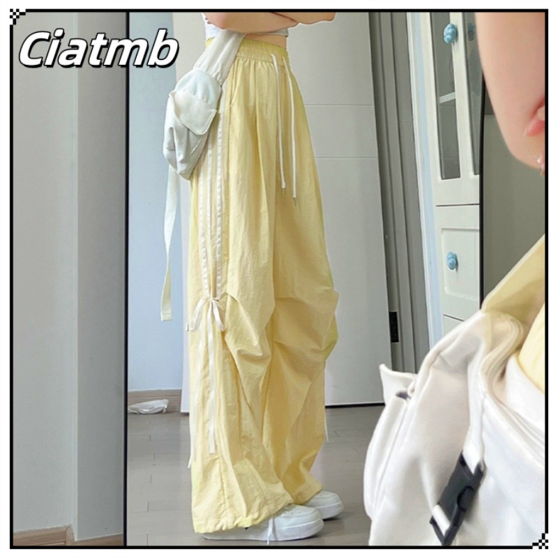 Ciatmb กางเกงเอวสูงผญ แฟชั่นหลวม มีเชือกที่เอว สตรีทเวอร์ชั่นเกาหลี สไตล์
