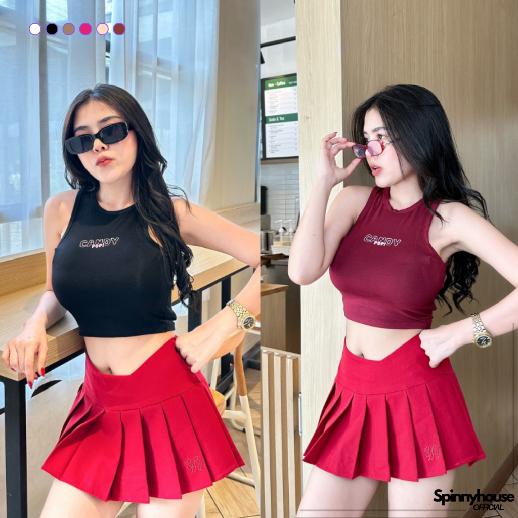 🌈SpinnyHouse🌈เสื้อครอปกล้าม สกรีนลายช่วงอก ผ้าเรย่อน 🌸 ทรงสวย ใส่แล้วเก็บสัดส่วนดี ผ้าบางใส่สบาย รุ่น กล้ามCandypop