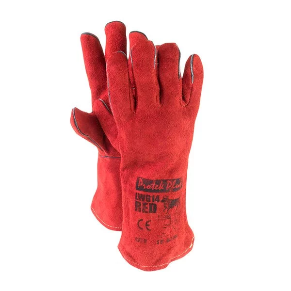LWG14 RED ถุงมือหนังกันความร้อน ถุงมือเชื่อม ซับรอบ มีไส้ตะเข็บ ยาว 14 นิ้ว สีแดง
