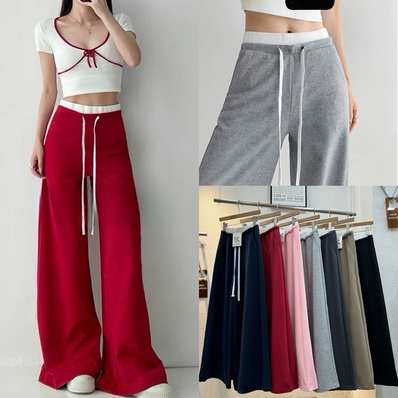 Gradum.it.store #807(K)กางเกงขายาวทรงกระบอก แต่งขอบเอว เชือกหน้า เอวยางยืด ผู้หญิง พร้อมส่ง 7 สี