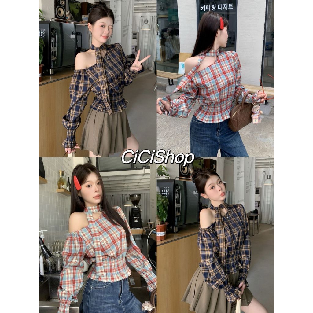 Cicishop (J1365) เสื้อครอปแขนยาวดีเทลปาดไหล่ข้างมีเชือกคล้องคอพร้อมดีเทลจ้ำตรงปลายแขนและจ้ำตัวสไตล์เ