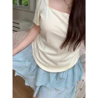 CC Plus+ (J1368)เสื้อไหมพรมคอเหลี่ยมแขนสั้นดีเทลจ้ำเอวสไตล์เกาหลี เหมาะสำหรับสาวพลัสไซส์