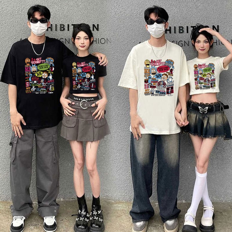 เสื้อคู่รักชายหญิง สกรีนลายการ์ตูนน่ารัก เสื้อครอปเท่ๆวินเทจโอเวอร์ไซส์ผู้หญิงสไตล์เกาหลี ไปทะเล แขนสั้นชุดคู่รัก ใส่สบา – โปรปัง
