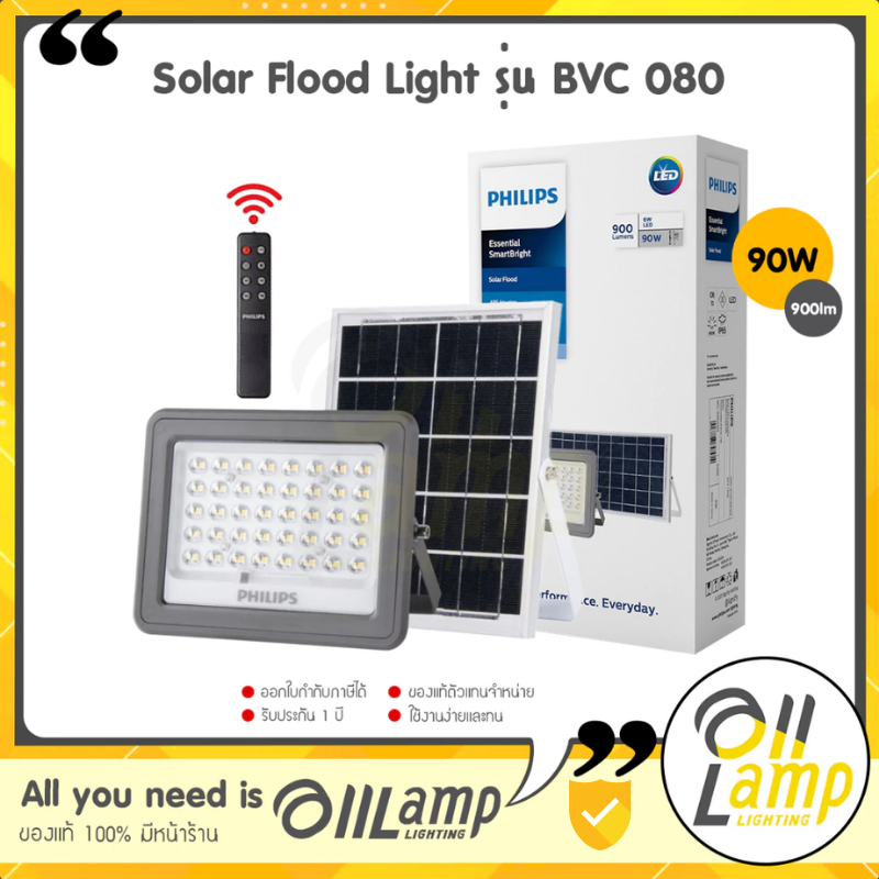 Philips solar โคมไฟโซล่าเซลล์ 90w 900lm Solar Flood Light รุ่น BVC 080 ไฟฟลัดไลท์ ไฟสปอร์ตไลท์