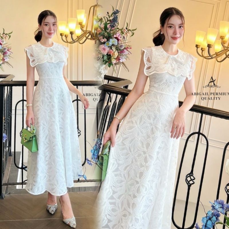 เดรสลูกไม้ขาวสวยหรู!!! S-XL Maxi Dress ชุดแต่งงาน,เดรสสีขาวแขนกุดผ้าลูกไม้ งานป้าย