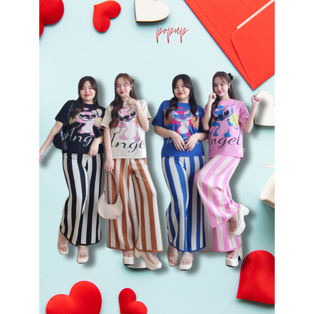 POP UP ชุดเซ็ตไหมพรมลายสุดคิวท์ เนื้อผ้านุ่มสบาย มาพร้อมลายการ์ตูนสุดน่ารัก ที่แมทช์คู่กับกางเกงขายาวทอริ้วเข้าเซ็ต