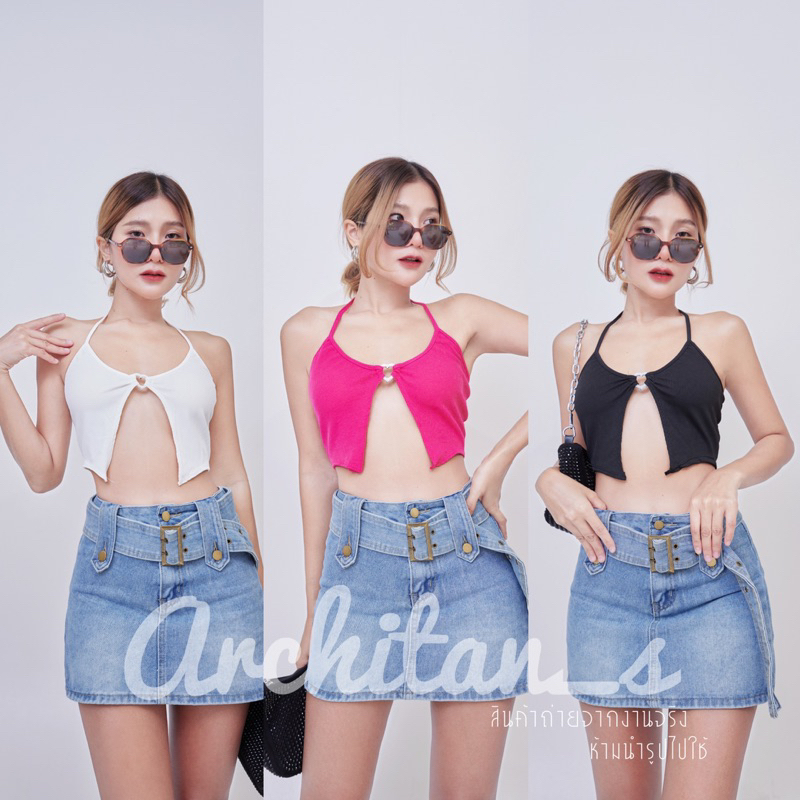 พร้อมส่งในไทย ครอปคล้องคอเเบบผูก เเหวกอก ดีเทลเเต่งล็อคเก็ตหัวใจ ตัวสั้น เก๋มาก