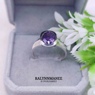 A6459 แหวนชายพลอยอเมทิสต์แท้ ( Amethyst ) ตัวเรือนเงินแท้ 925 ชุบทองคำขาว แหวนไซส์ 62 แก้ไซส์ฟรี