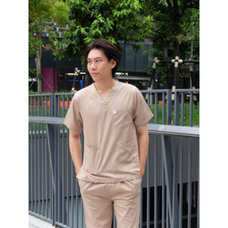 สีครีม ชุดสครับ แยกเสื้อ กางเกง ผ้าTC210 Unisex