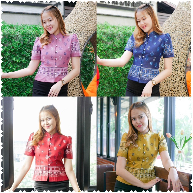 เสื้อผ้าไทย ลายดอกรัก คอจีน อัดกาว