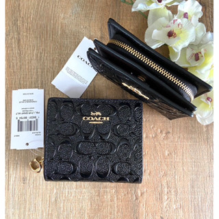 กระเป๋าสตางค์ใบสั้น Coach Snap Wallet In Signature Leather CH594 หนังแท้ ลายซีนูน สีดำ 4 นิ้ว