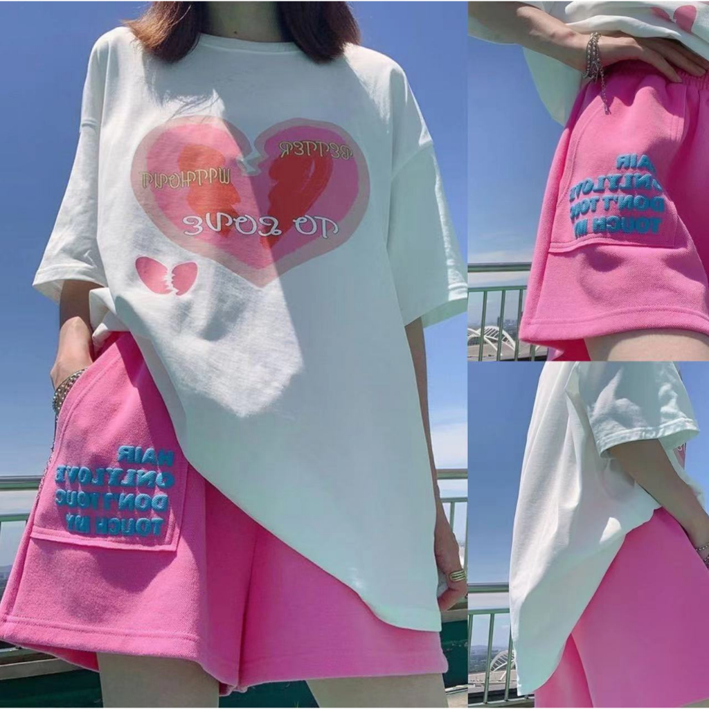 Swan shop ชุดเซต2ชิ้น เสื้อยืดลายสกรีน️💗+ กางเกงขาสี่ส่วน  สไตล์เกาหลี  เนื้อผ้าดี ใสสบาย มี5ไซด์พร้อมส่งค่ะ