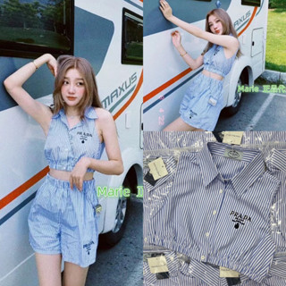 (VL) PD stripe crop shirt🦋 เสื้อเชิ้ตแขนกุดทรงครอป ขอบเอวสม็อคยางยืด ใส่แล้วน่ารักมาก ดูดีแบบไม่ตะโกน