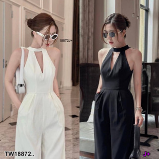 MF18872  Jumpsuit จั้มสูทแขนกุด ขายาว สีพื้นเรียบ ผูกโบว์คอหลัง ซิปหลัง  เนื้อผ้า บาร์บี้ ใส่เที่ยว ใส่ออกงานได้ พร้อมส่