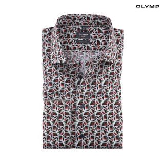 OLYMP GREEN CHOICE LUXOR Shirt เสื้อเชิ้ตชายแขนสั้นรักษ์โลก สีเขียวมะกอก ลายพิมพ์กราฟฟิก ทรงหลวม ใส่สบาย รีดง่าย