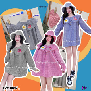 💚Sshop ส่งไว1-2วัน💚 S18897 minidress ทรงโอเวอร์ไซร์มาพร้อมหมวก แต่งดอกไม้ (ลายสก็อต) ..