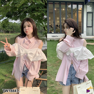 J18847 เสื้อเชิ้ต เว้าไหล่ อกแต่งโบว์ Shirt, off the shoulder, chest decorated with a bow.