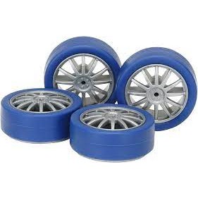 ล้อฟินเทา+ยางน้ำเงิน &lt;Tamiya 94872 - Dark Blue Low Profile Tire And Silver Wheel Set Fin&gt; แรร์ไอเทม