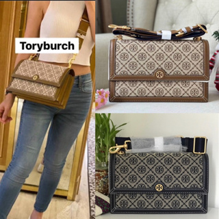 🎀(สด-ผ่อน) กระเป๋าสะพาย สีน้ำตาล กรม 10 นิ้ว รุ่น Shop 81863 TORY BURCH T MONOGRAM JACQUARD SHOULDER BAG