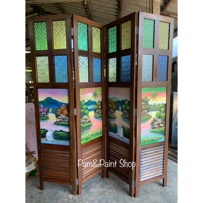 ฉากกั้นห้อง ฉากไม้  แบบหัวตัด แต่งกระจกสี