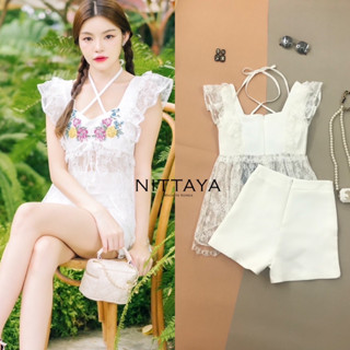 NITTAYA:เซตเสื้อลูกไม้ผ่าหน้า+กางเกงขาสั้นขาว(*สอบถามสต๊อกก่อนกดสั่งน๊า)