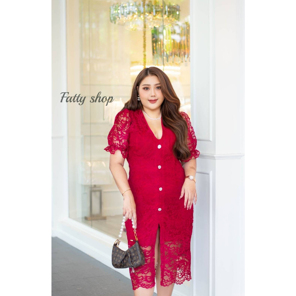 เดรสแขนสั้นคอวีลูกไม้ฉลุลาย มีซับใน ซิปหลัง ชุดออกงานสาวอวบ ชุดออกงานไซส์ใหญ่ ชุดออกงานคนอ้วน ออกงานสาวอวบ พลัสไซส์ FA - รูปที่ 4