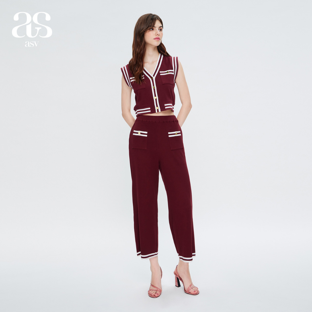 [asv aw23] Andrea Jersey Culottes Pants กางเกงผู้หญิง ขายาว ทรงคูลอต แต่งเทปและกระเป๋าหน้า แต่งกระดุมทอง เอวยางยืด