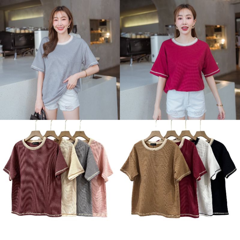 La dress#1090🏳️‍🌈เสื้อยืดคอกลม คลิปคอสี ผ้ารังผึ้งใส่สบาย🏳️‍🌈งานป้าย