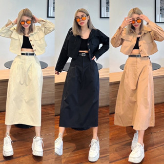 Yunaka ชุดเซ็ต 2 ชิ้น เซทเสื้อเชิ้ตแขนยาวครอป อก 40” พร้อมเข็มขัด korea Style Cropped Shirt Set กระโปรงยาว เอว 22-30”