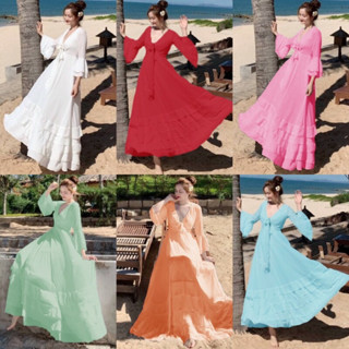 TW15069 Maxi Dress ยาวแขนระฆัง 2 ชั้น