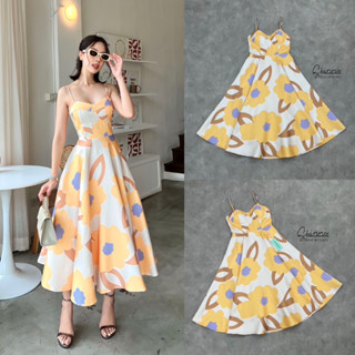 Lalisa999ราคาถูกที่สุด!! Shimmer Yellow Flowers Midi Dress มิดิเดรสสายเดี่ยว