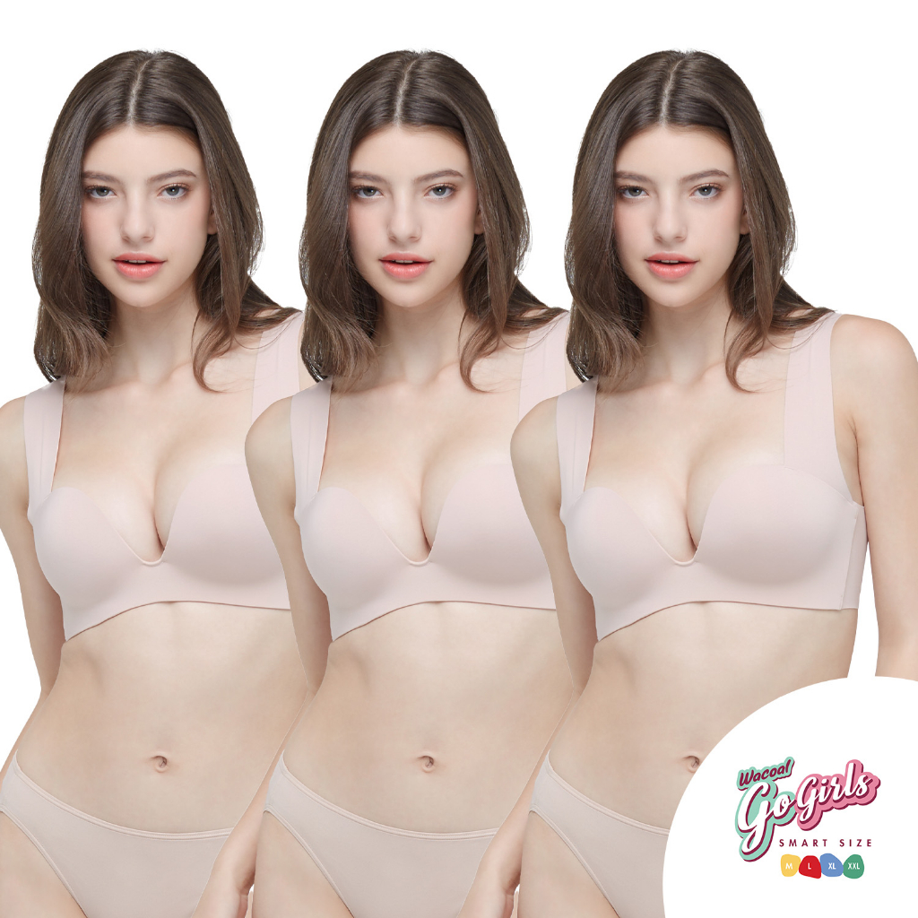 Wacoal Smart Size Go Girls บราไร้โครงวาโก้ M L XL Bra set 3 ชิ้น รุ่น WB3Y27 คละสี