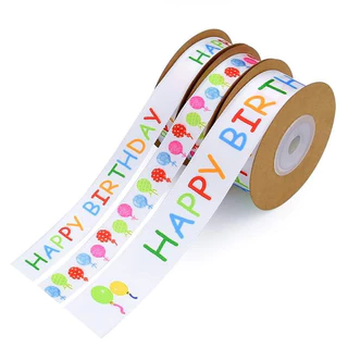 ริบบิ้นผ้าซาตินพื้นขาวพิมพ์ลาย happy birthday Just for you ลายจุด ลายดอกไม้ ขนาด 1.5/2/2.5 cm