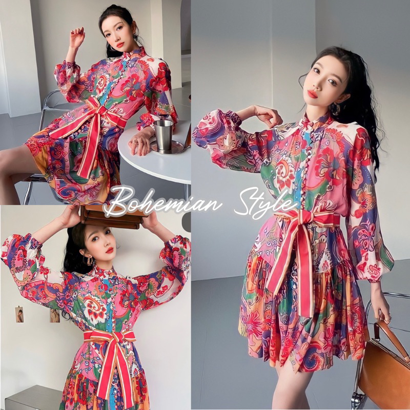 Bohemian Dress พร้อมส่ง เดรสคอปีน ลายดอกไม้โบฮีเมียน โทนชมพูแดง แขนยาว ชุดสไตล์โบฮีเมียน งานป้ายypy