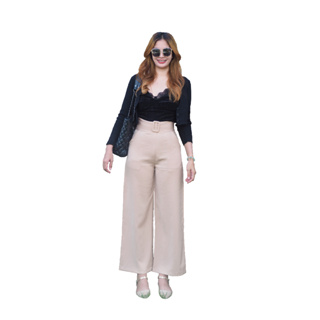 กางเกงขายาวผู้หญิง กระบอกใหญ่เข็มขัดตกแต่ง (ผ้าฮานาโกะ) เอวสูง มีสีดำ ครีมนู้ด แดง ส้มอิฐ (S-XL)