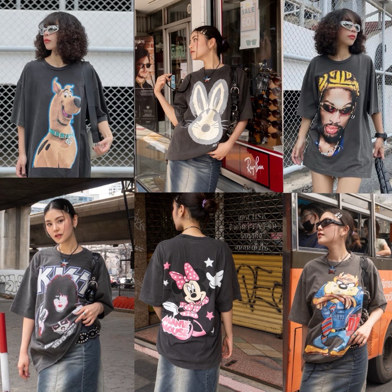 STF_SHOP เสื้อเฟดOversize แขนสามสวน คอกลม สกรีนลายเท่ๆ อก46-ยาว29