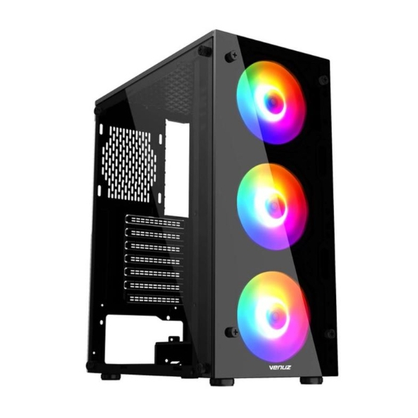 VENUZ ATX Tempered Glass Computer Case VC1818G with Rainbow RGB Fan x 3 – Black